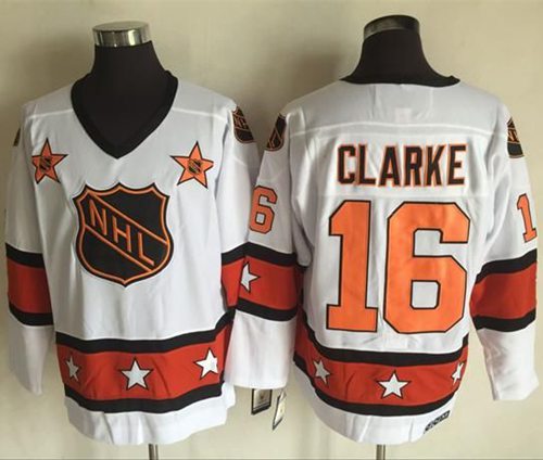 Flyers #16 Bobby Clarke White/Orange All Star CCM Throwback Stitched NHL Jersey - Click Image to Close
